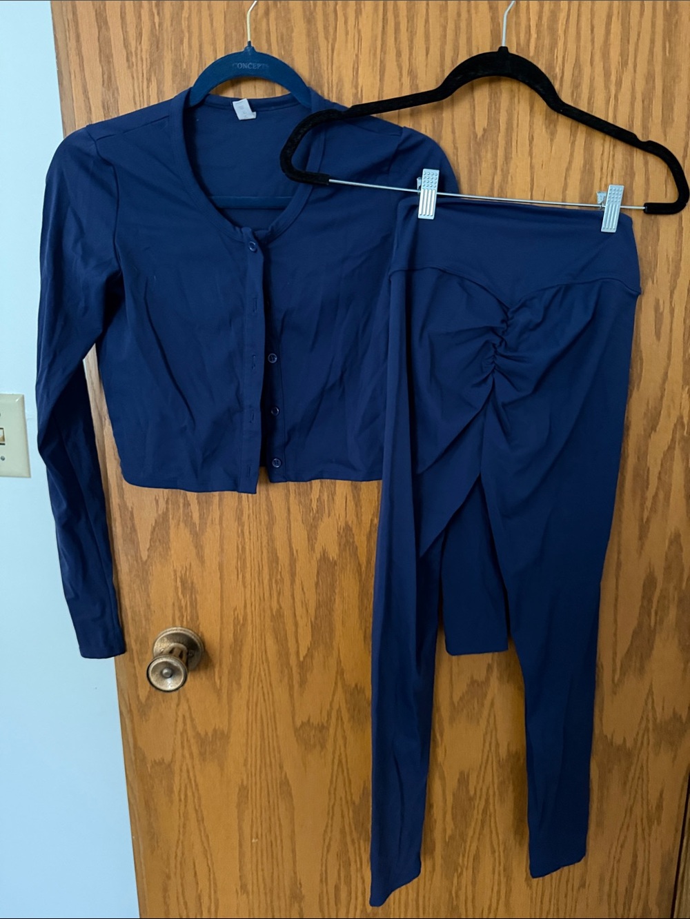 Navy Two-Piece Workout Lounge Set - Cropped Cardigan & Ruched Leggings